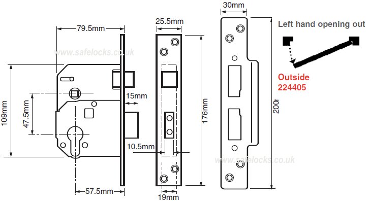 Union L224405 Euro Profile Escape Mortice Lock Outward opening left hand